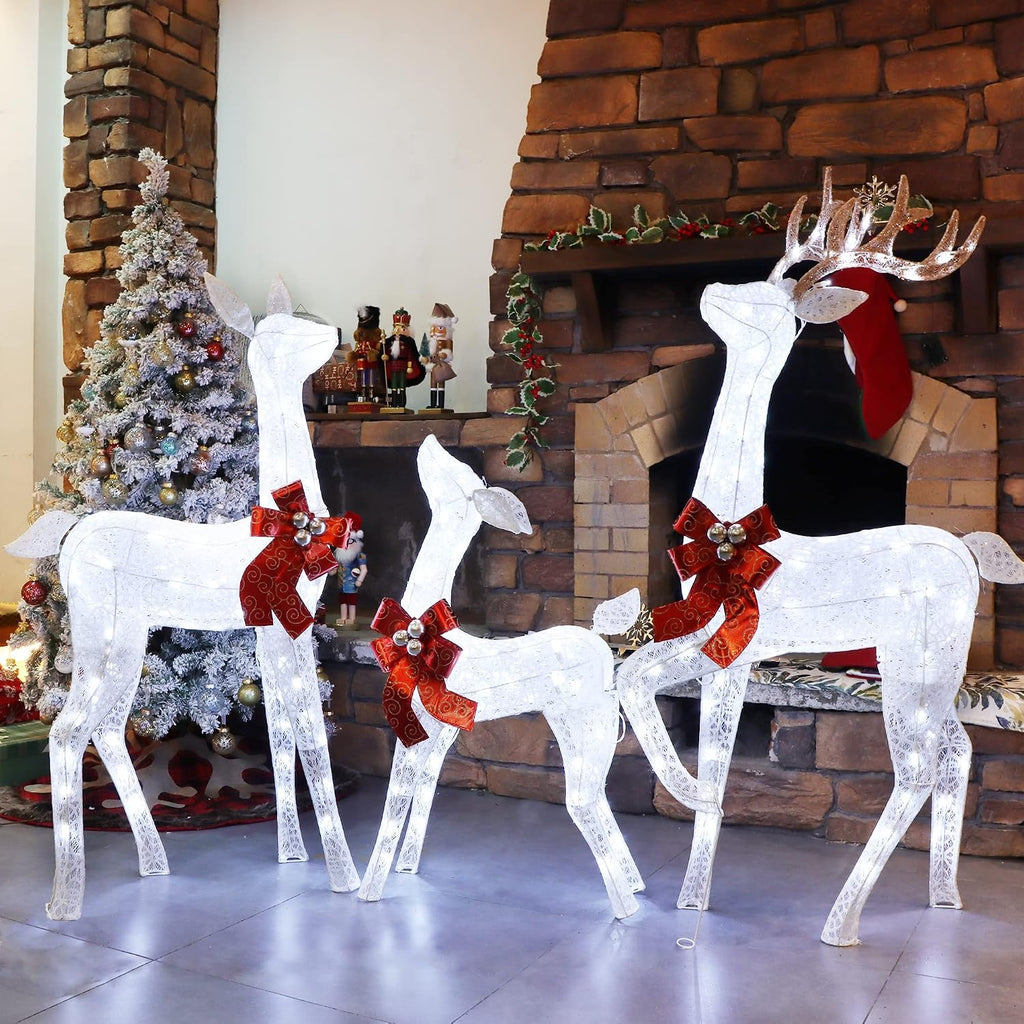 Home 3-Piece Pre-lit White Reindeer Christmas Yard Decoration