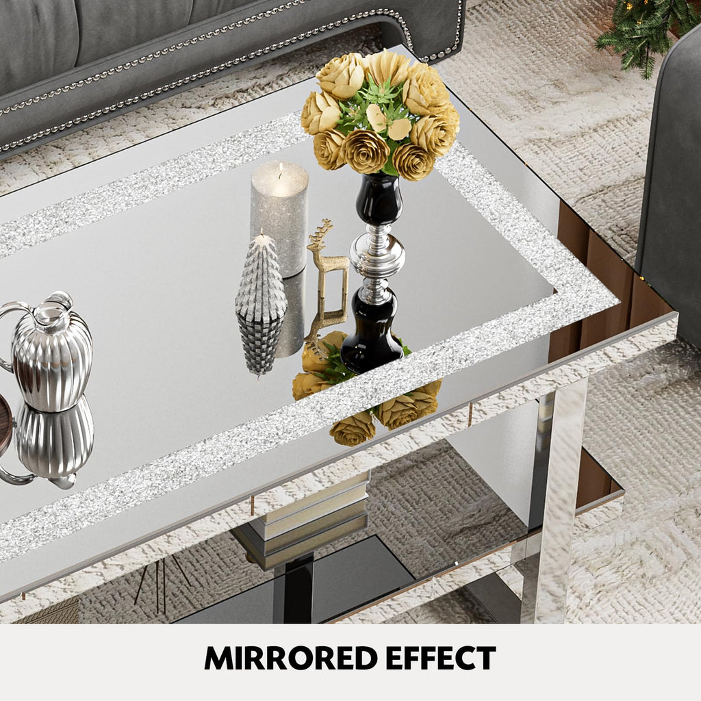Mirrored Coffee Table with 2 Tiers, 2 in 1 Rectangle Coffee Table with Crushed Diamond, Silver Living Room Table with