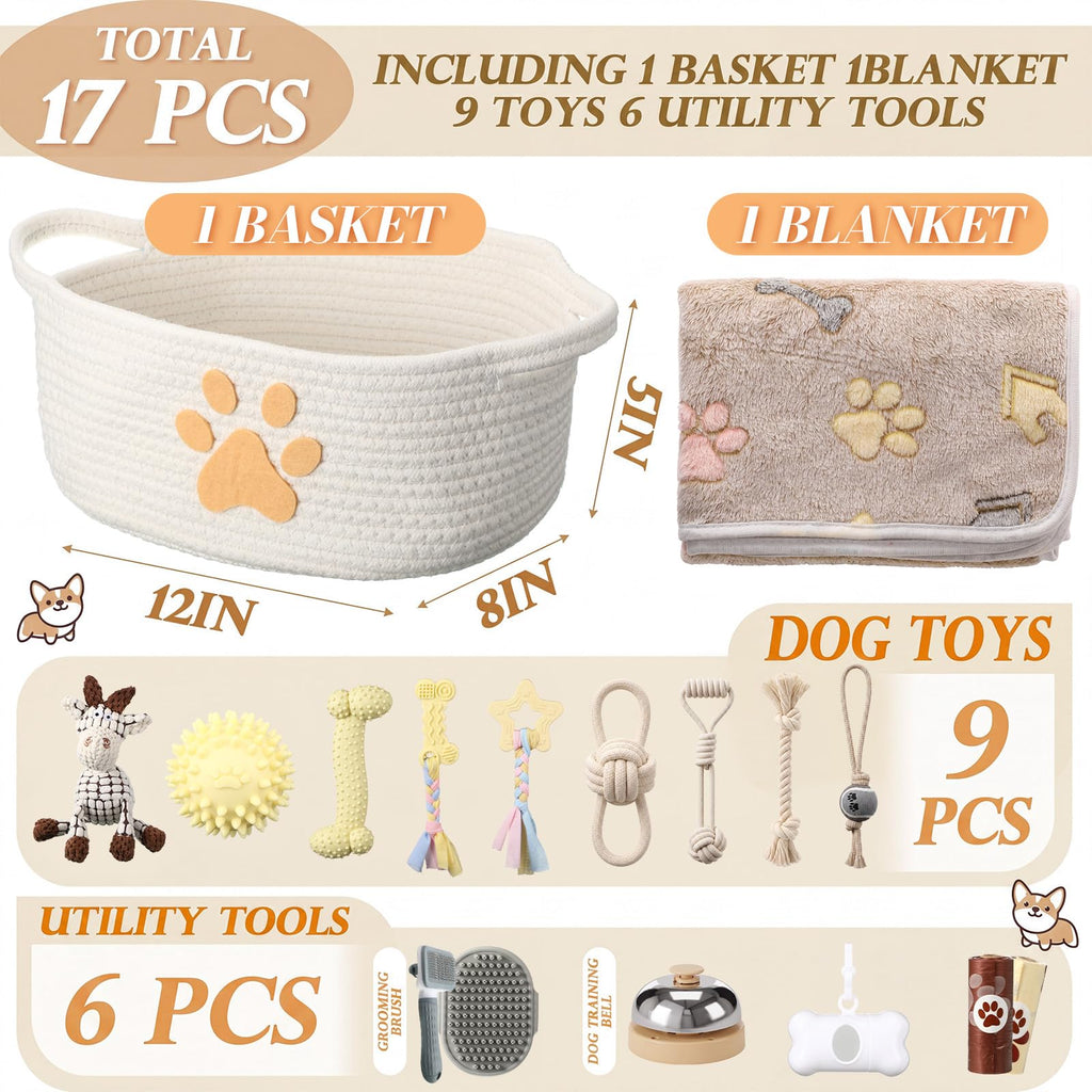 17 Pcs Puppy Gift Set, Dog Toy & Essentials Bundle, Beige, Sheep