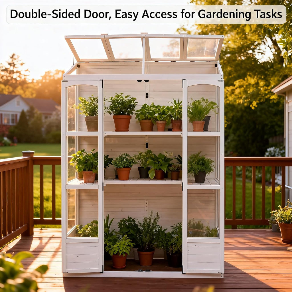 78 Inch Wooden Greenhouse with Walk-in Design, White | White fir wood, outdoor garden, walk-in design, polycarbonate