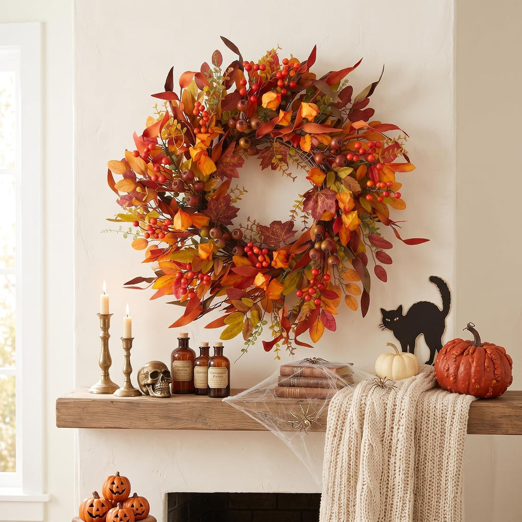 24 inch Berry Branches Fall Wreath for Front Door with Colorful Leaves