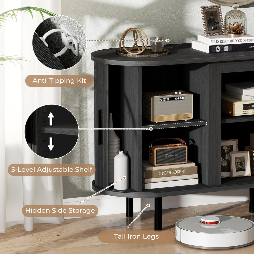 55'' Mid Century Modern Fluted TV Stand-Curved TV Cabinet with Storage, Sliding Doors & Adjustable