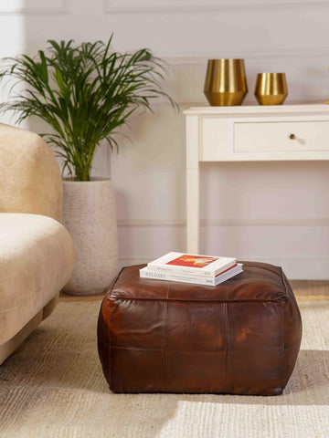 Handmade Eco-Friendly Geometric Leather Pouf Cognac Color Square 21" x 21" x 12" Pouf Seating, Patio