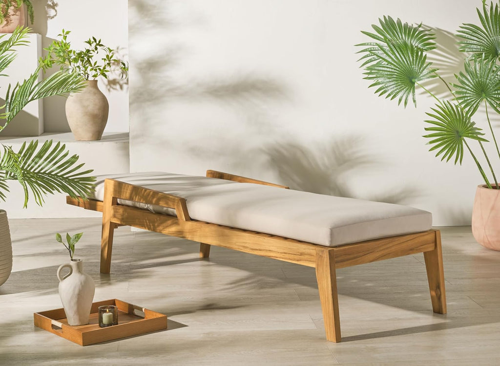 Cushion Solid Teak Wood Chaise Lounge Chair