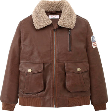 Kids Brown Vintage Style Aviator Quilted Faux Leather Jackets Boys Warm Padded Biker Motorcycle Bomber Pu Leather