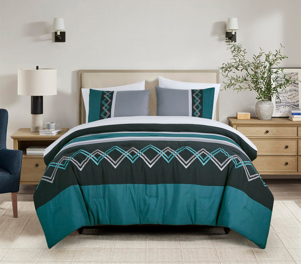 Jaxson Bed in a Bag 7-Piece Comforter Set with Sheets Modern Pleated Stripe Embroidered Teal/Black/Gray