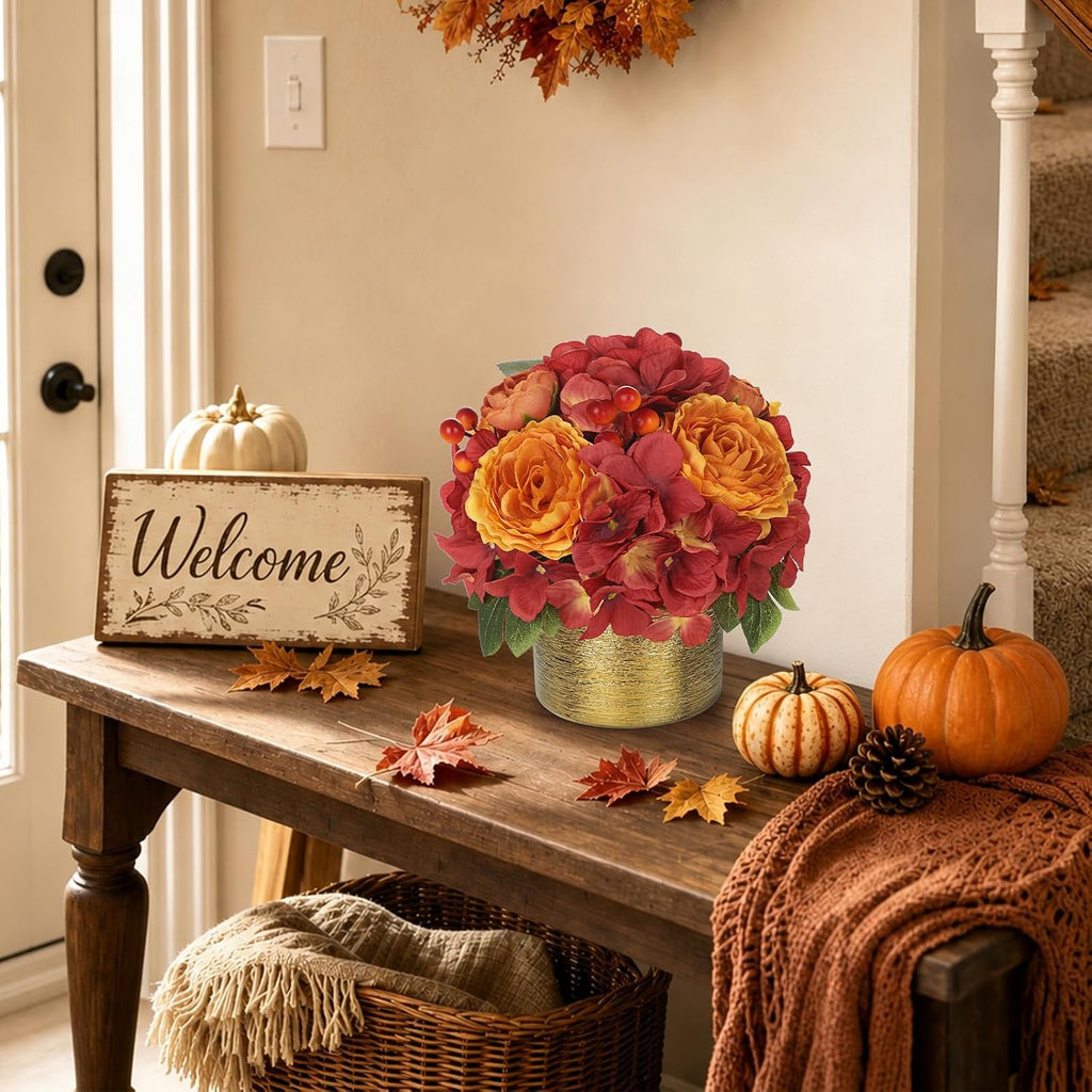 Fall Rose Hydrangeas Artificial Flowers with Golden Pot Decor