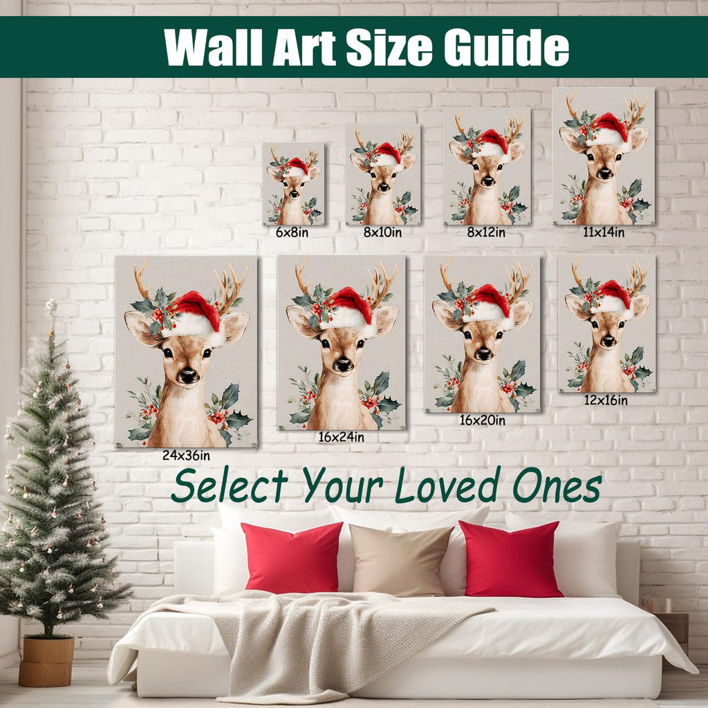 Rustic Festive Canvas Wall Art, Reindeer with Christmas Hat Canvas Wall Art