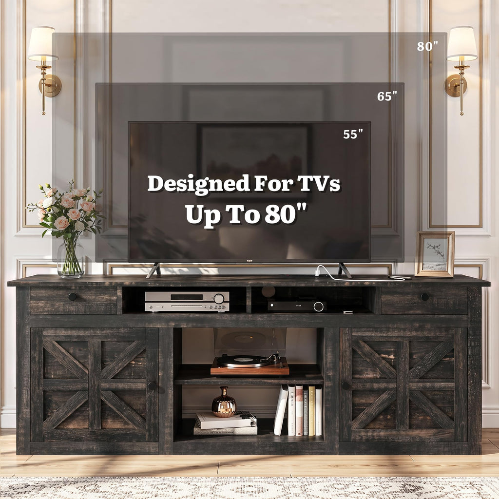 70" Farmhouse TV Stand for 80 Inch TVs with Storage, Rustic Oak