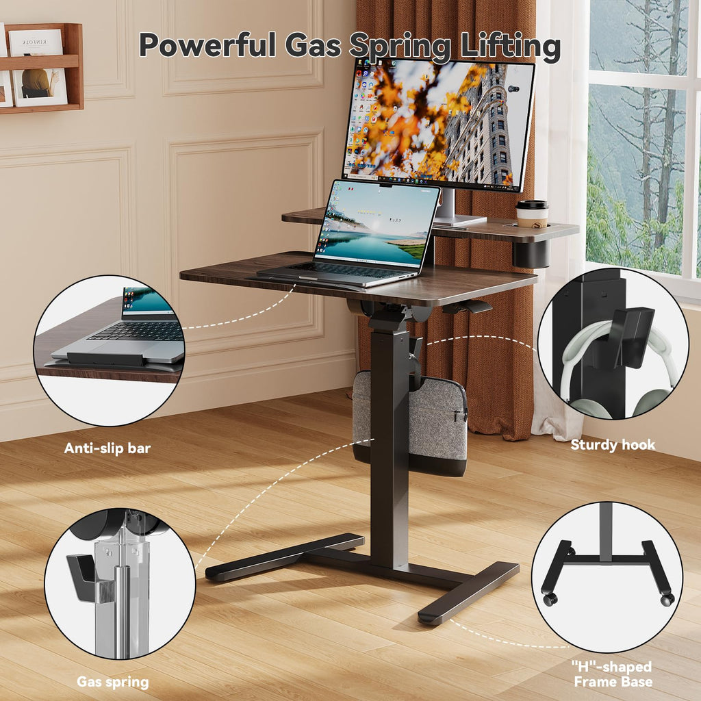 28" Mobile Standing Desk, Tiltable Top with 2-Tier Shelves, Walnut