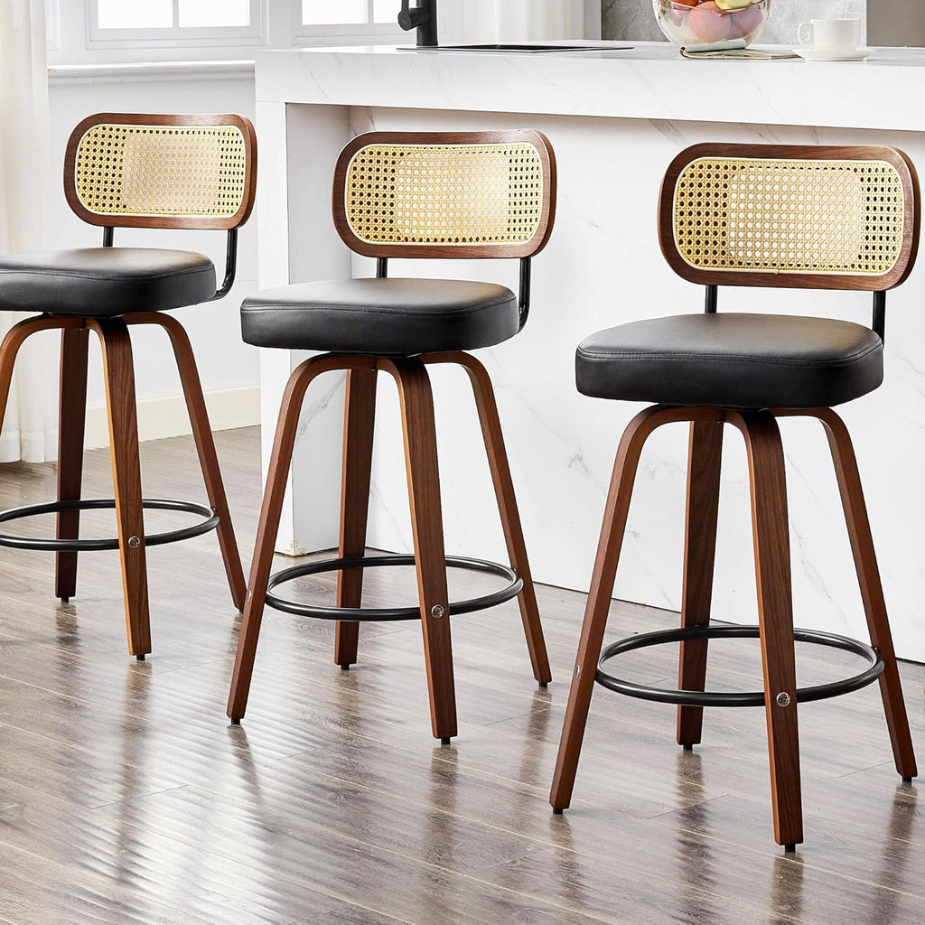 Natural Rattan Bar Stools Set of 2,Upholstered PU Leather, 26'' Counter Height Barstools with Back and Wood