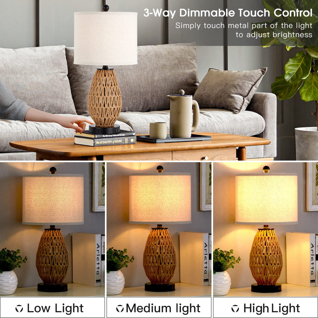Touch Control Rattan Table Lamp, 3 Way Dimmable Bedside Lamp with 2 USB Ports and AC Outlet, Wicker Nightstand Lamps