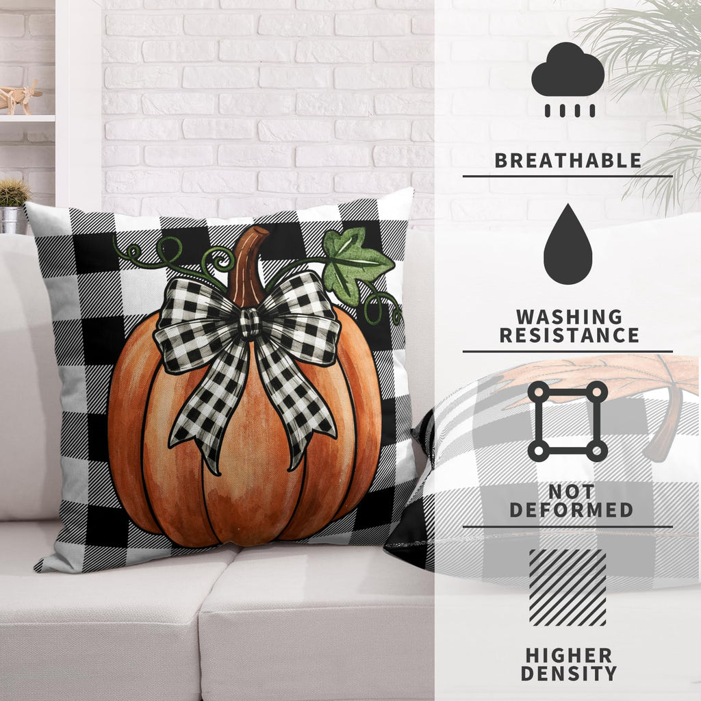 Fall Pillow Covers Burnt Orange Maple Leaf Pumpkin Black Buffalo Plaid Throw Pillow Covers Autumn Thanksgiving