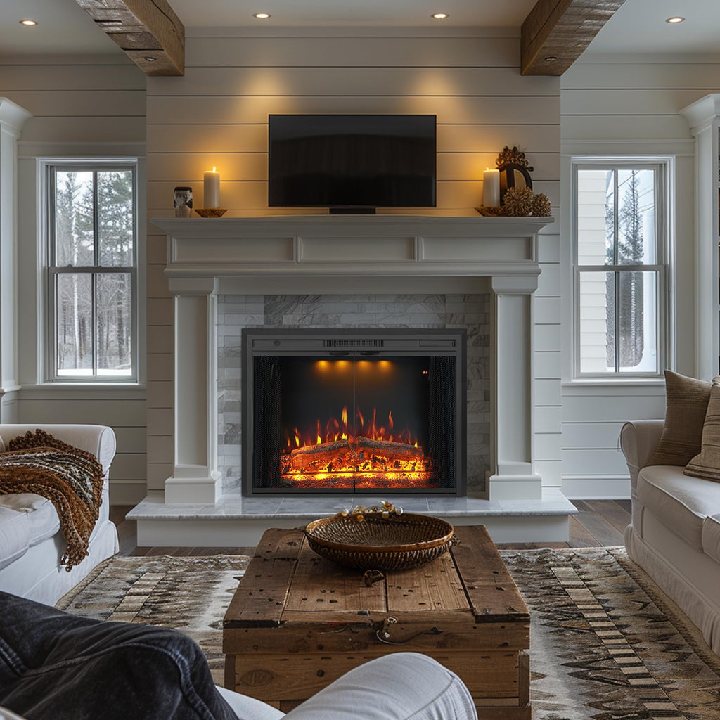 29" Electric Fireplace Insert Heater, Recessed Mounted Fireplace with Glass Door & Mesh Screen, Remote Control, Fire