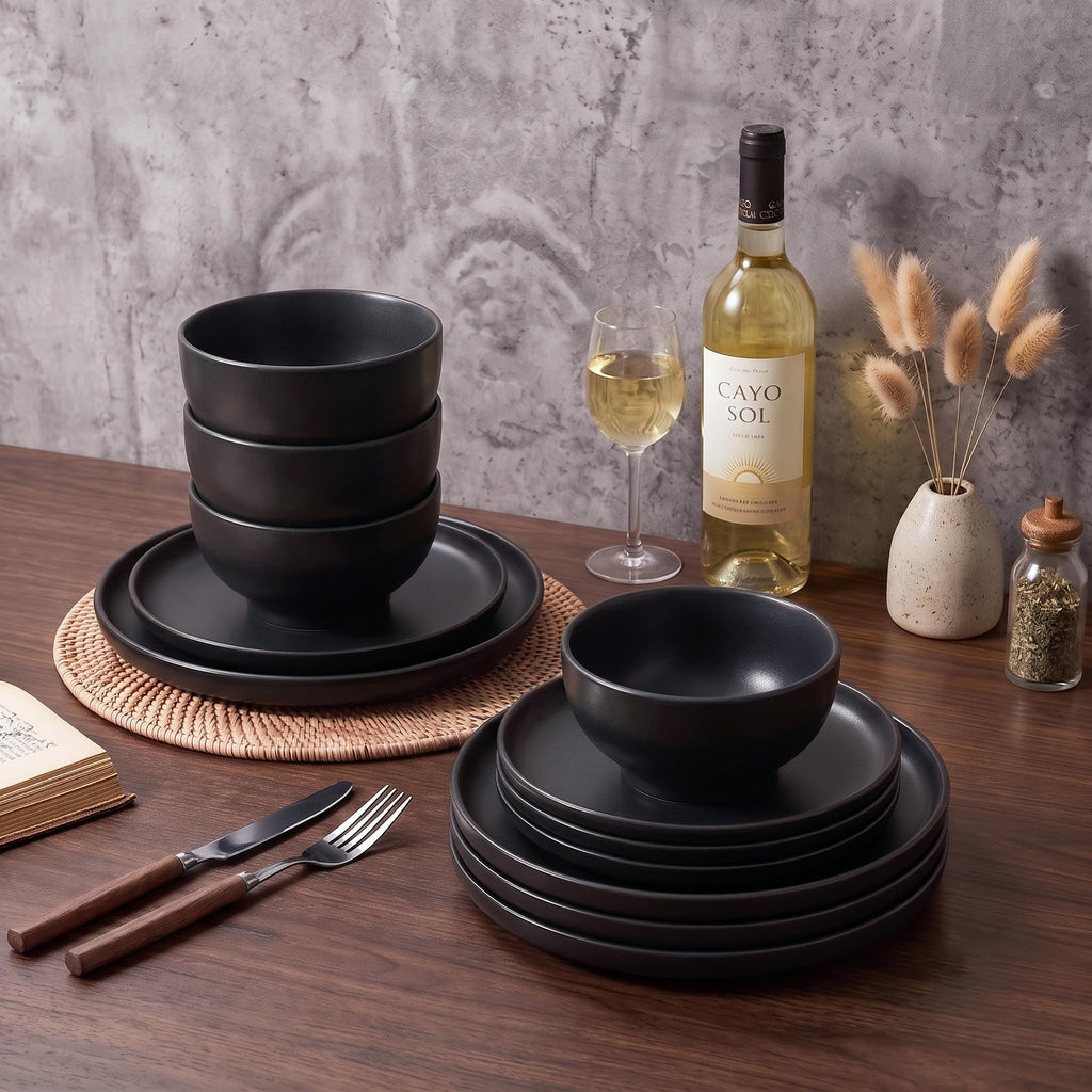 Stoneware Dinnerware Sets Service for 4, 12 pcs Plates and Bowls Set