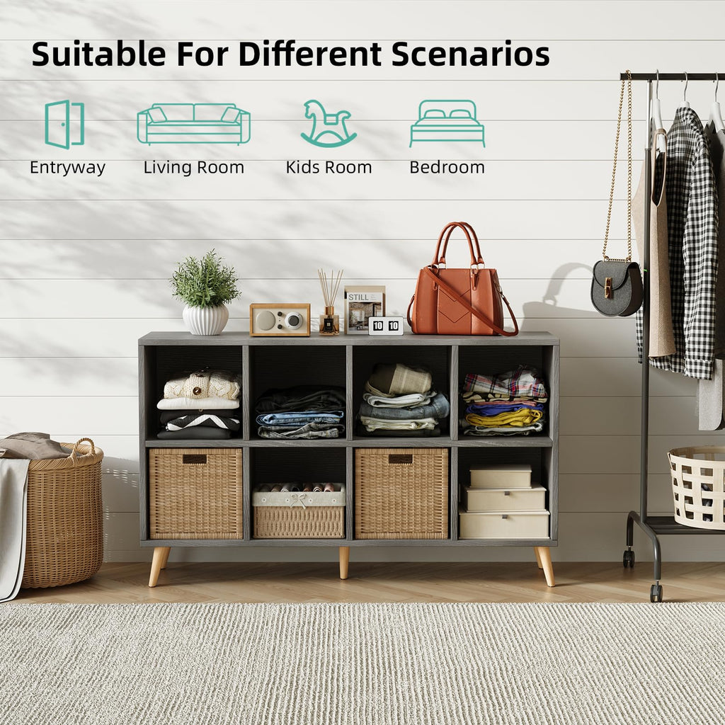 8-Cube Bookshelf 2 Tier Retro Bookcase with Legs, 11in Shelf Opening, 47" Wood Bookshelves Storage Organizer Shelf