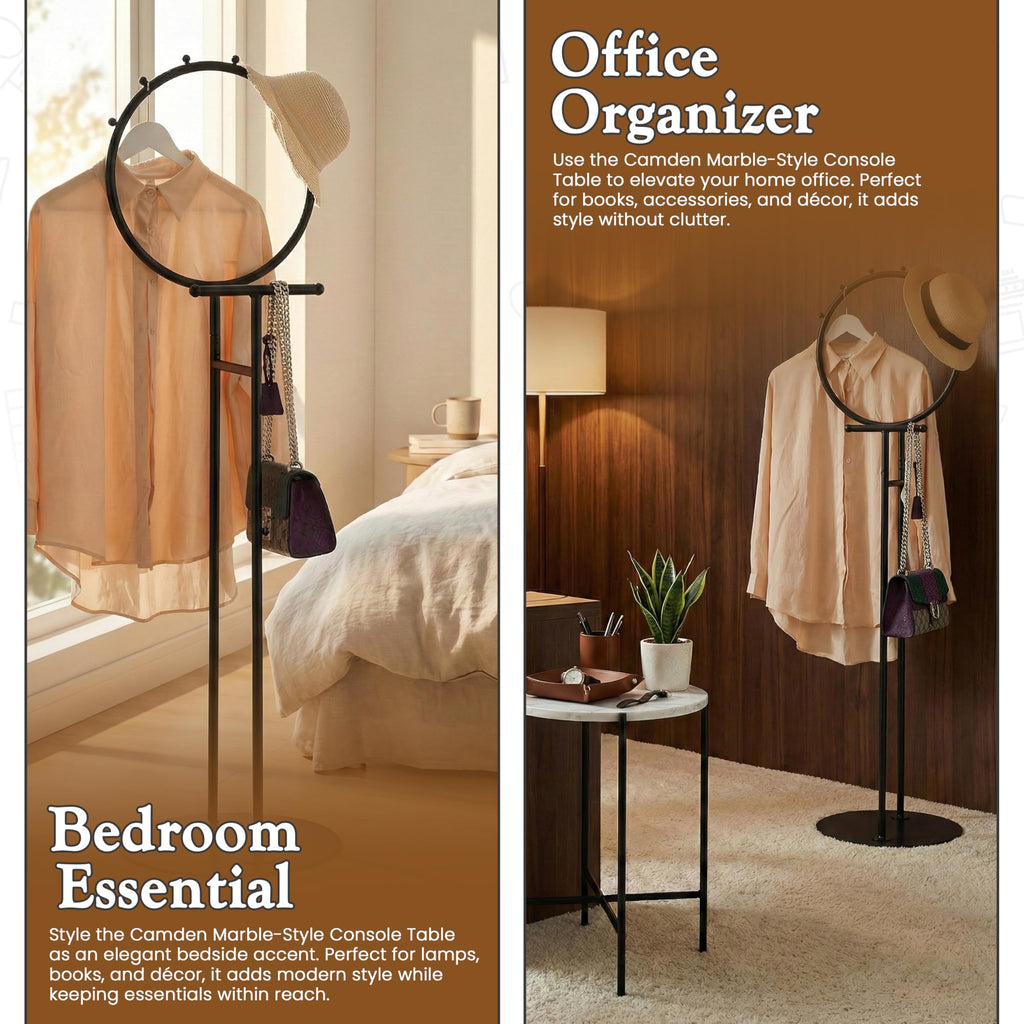 Cheska Suit Valet Stand with Circular Frame - Tie Jacket Clothes Hooks, Freestanding Clothing Organizer, Black
