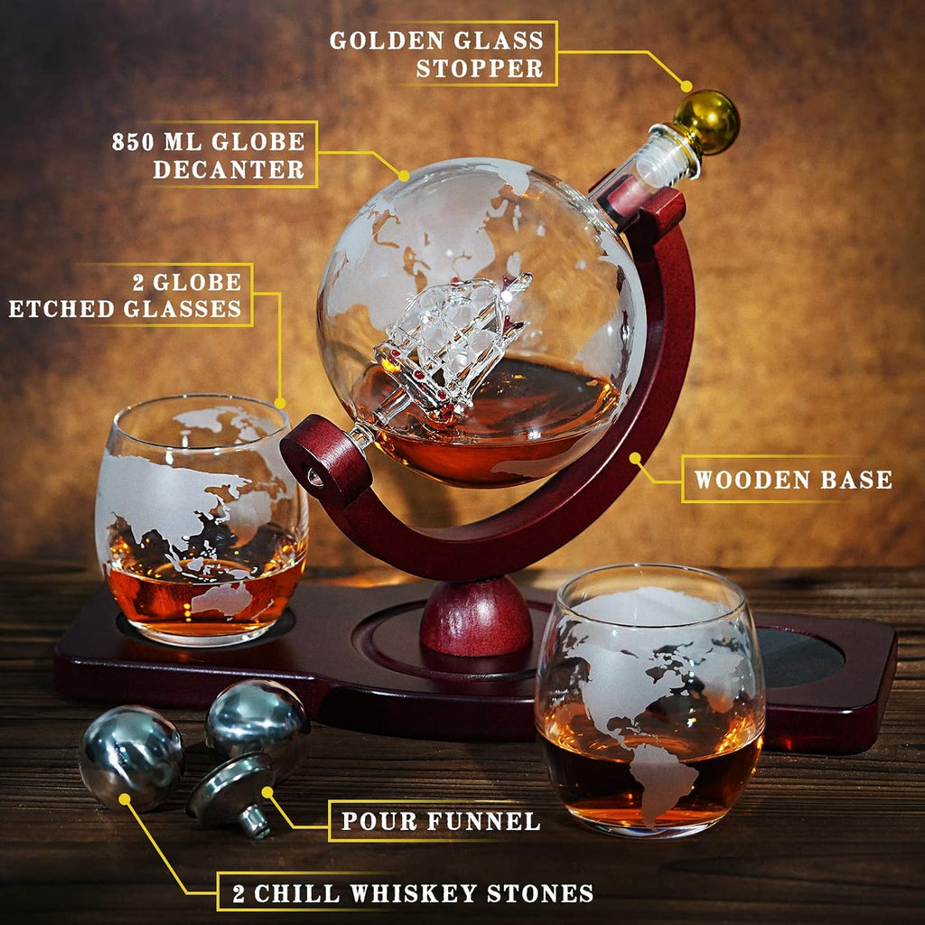 Gifts for Men Dad Fathers Day, Whiskey Decanter Globe Set with 2 Ball Stones & 2 Glasses, Anniversary Birthday Gifts