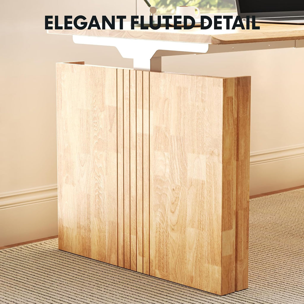 WoodiX Solid Wood Executive Standing Desk | 63 x 30 Inch Japandi-Inspired Sit-Stand Desk, Sculptural Fluted Legs