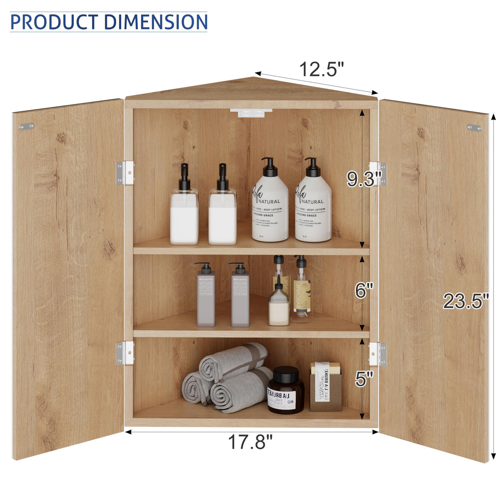 24" Bathroom Corner Medicine Cabinet W/Mirror, Double Doors Bathroom Nature Wall Mount Mirror Cabinet, Hanging Triple