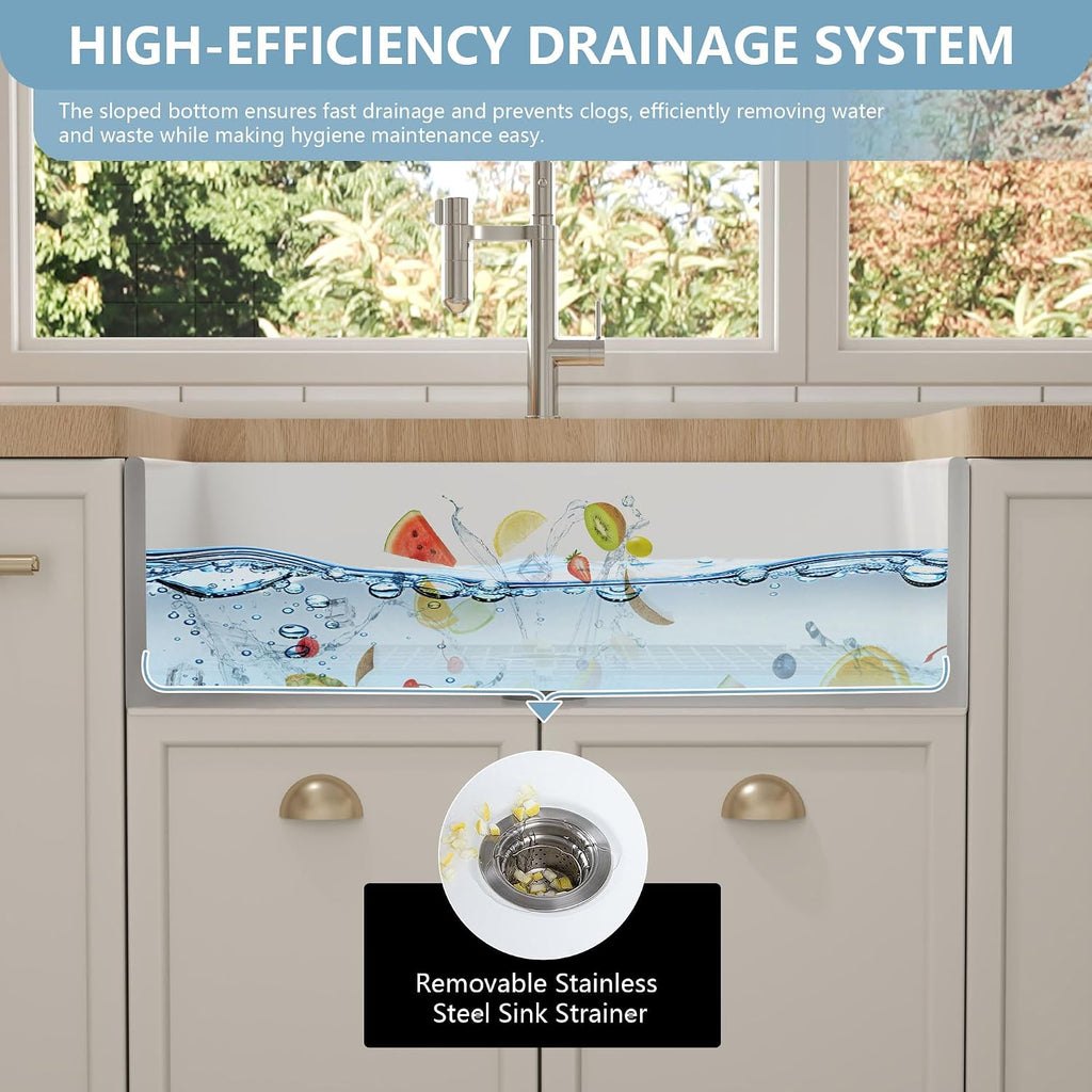 Farmhouse Kitchen Sink 33 Inch White Undermount Kitchen Sink | Apron-Front Large Deep Single Bowl with Bottom Grid &