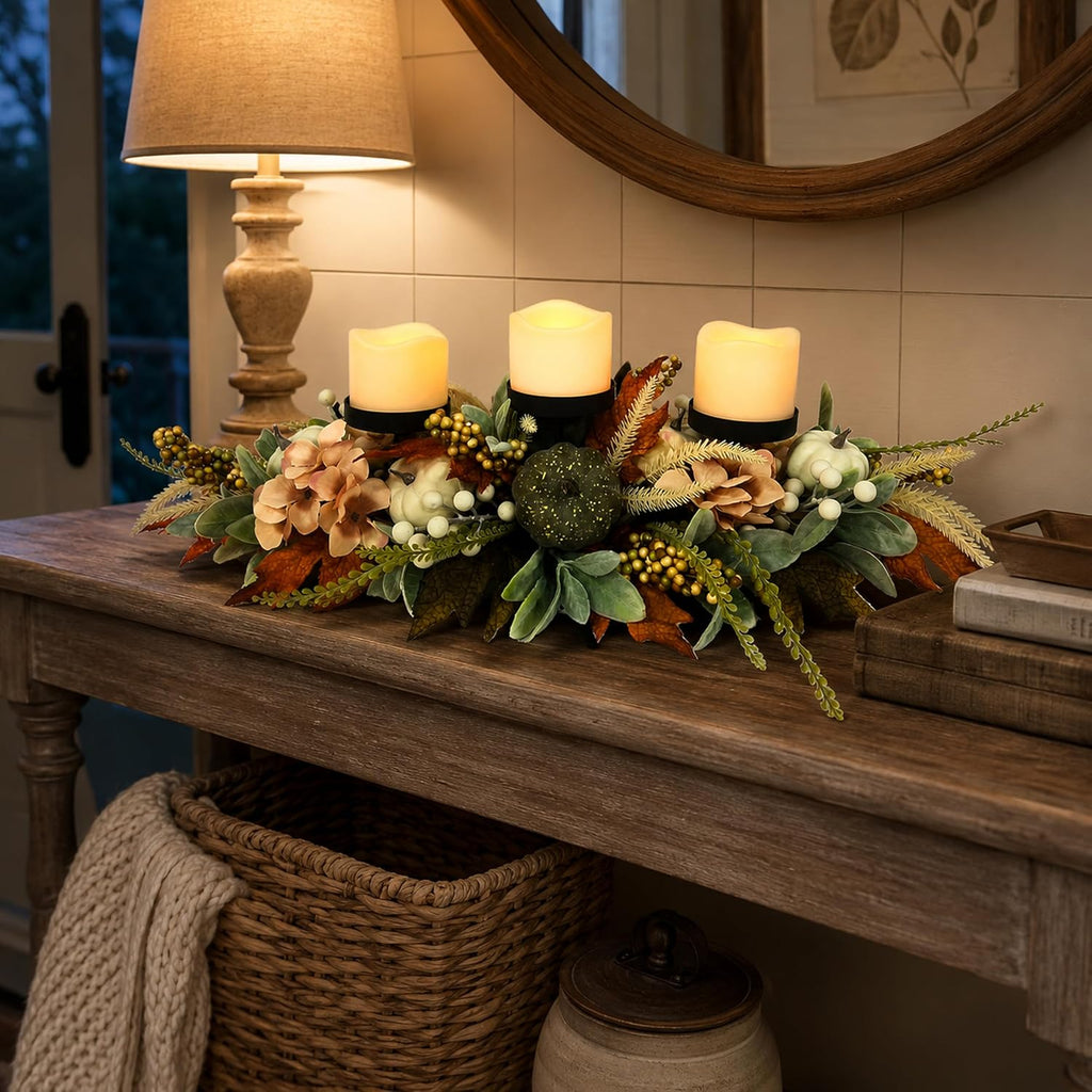 25 Inch Fall Candle Holder Centerpiece with Colorful Pumpkins