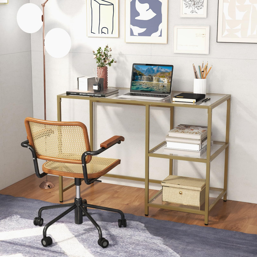Tempered Glass Computer Desk with 2-Tier Storage Shelves, Modern Computer Workstation, Vanity Makeup Table, Sturdy