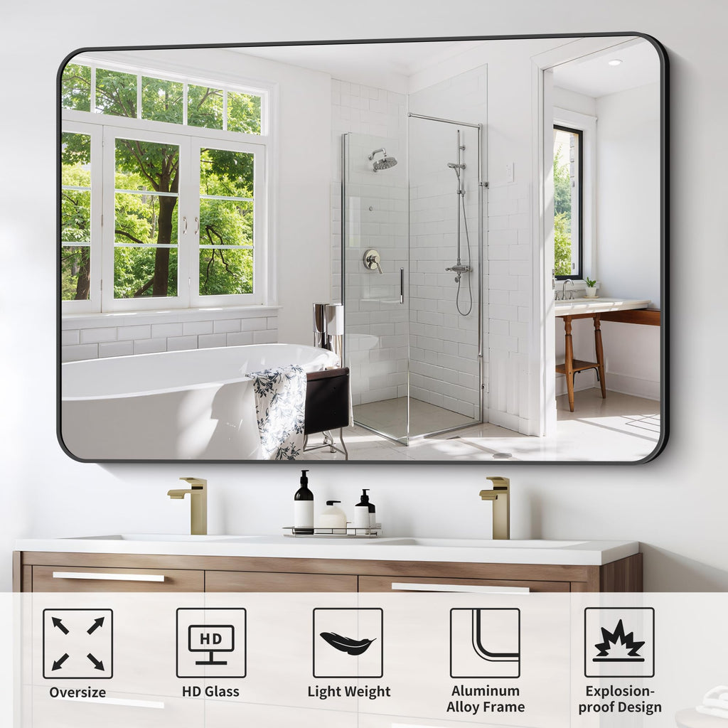 Large Bathroom Mirror 60" x 40", Black Rectangle Metal Framed Rounded Corner Wide Wall Mounted Mirror Bedroom