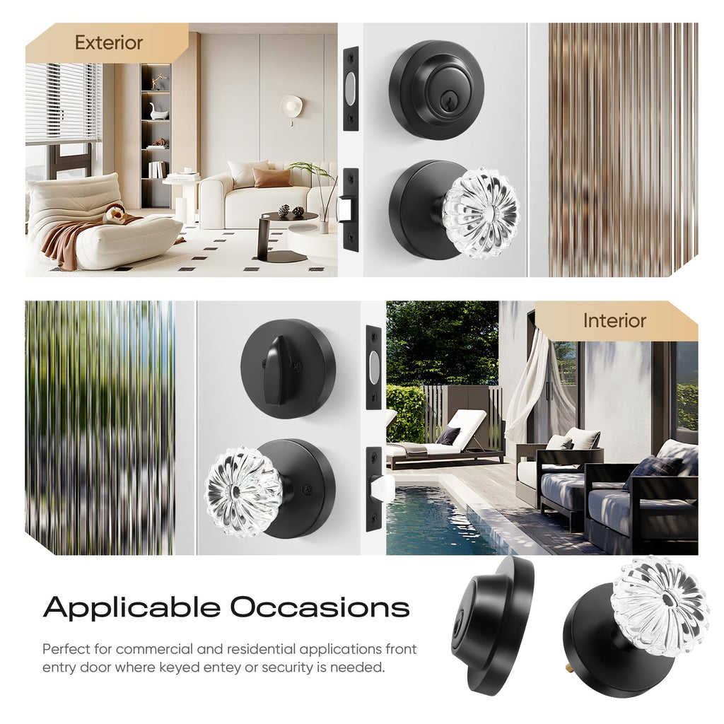 Crystal Glass Passage Door Knob and Single Cylinder Deadbolt Combo Set