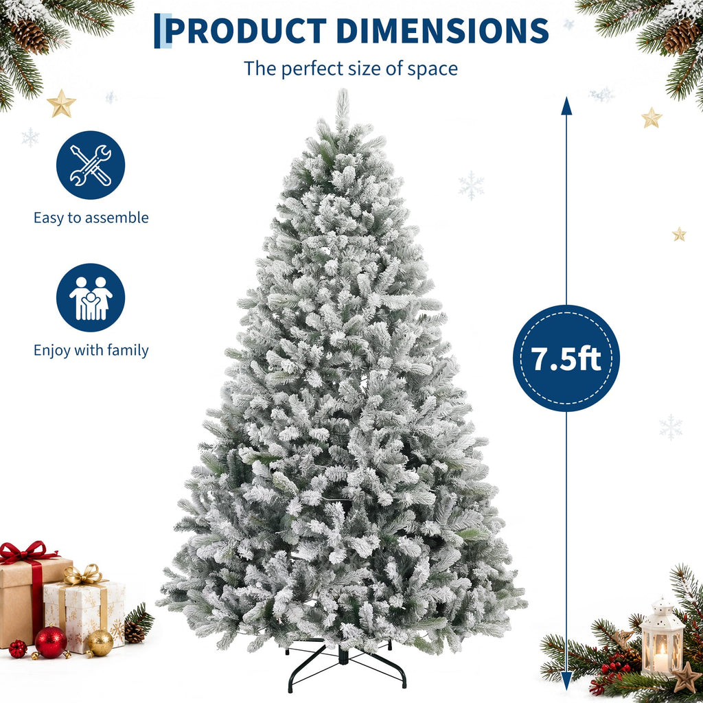 7.5ft Pre-Lit Snow Flocked Christmas Tree, Spruce Artificial Hinged Tree