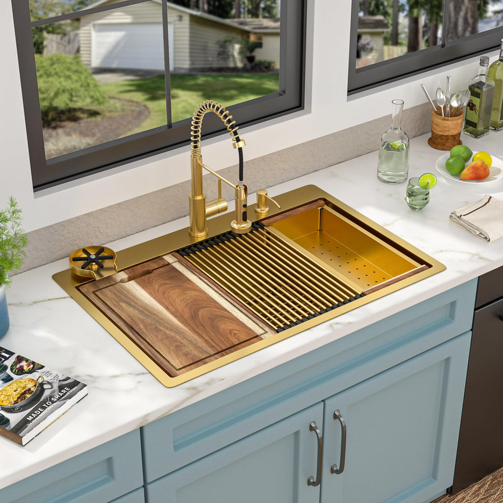 33"x22" Brushed Gold Drop Sink Ledge Workstation