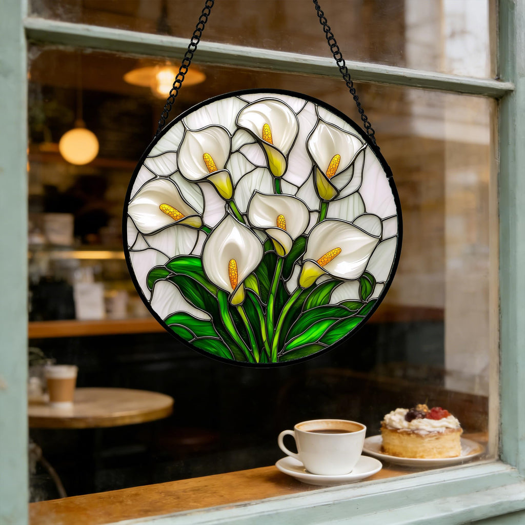White Calla Lily Bouquet Stained Glass Window Hanging Suncatcher Gifts 12"