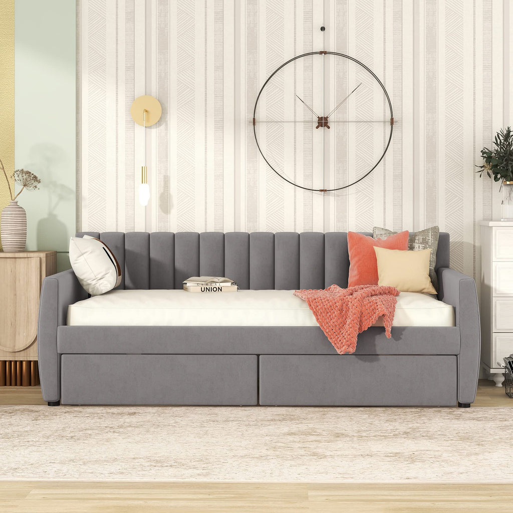Upholstered daybed with Drawers, Wood Slat Support, Twin Size Upholstered Frame Sofa Bed, Gray