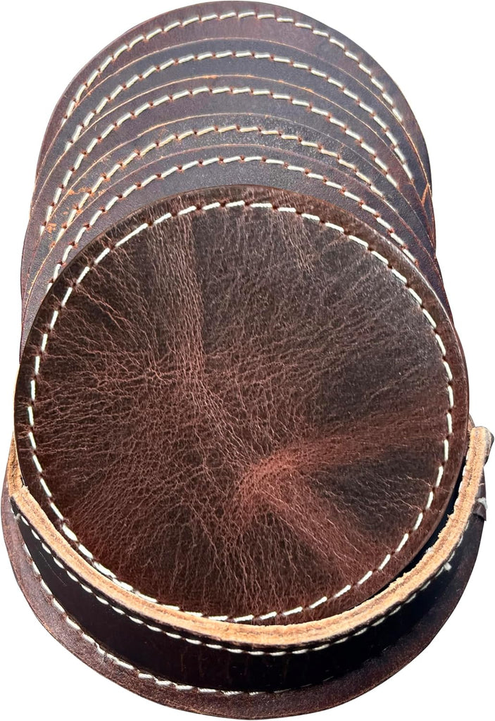 Leather Coasters for Drinks with Holder, Round, Dark Brown - Set of 6