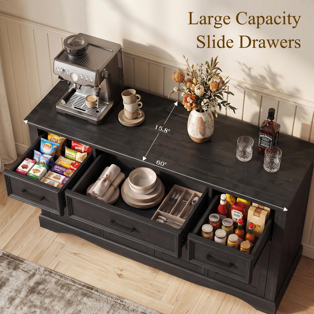 60" Farmhouse Buffet Cabinet with Storage, Sideboard with Charging Station