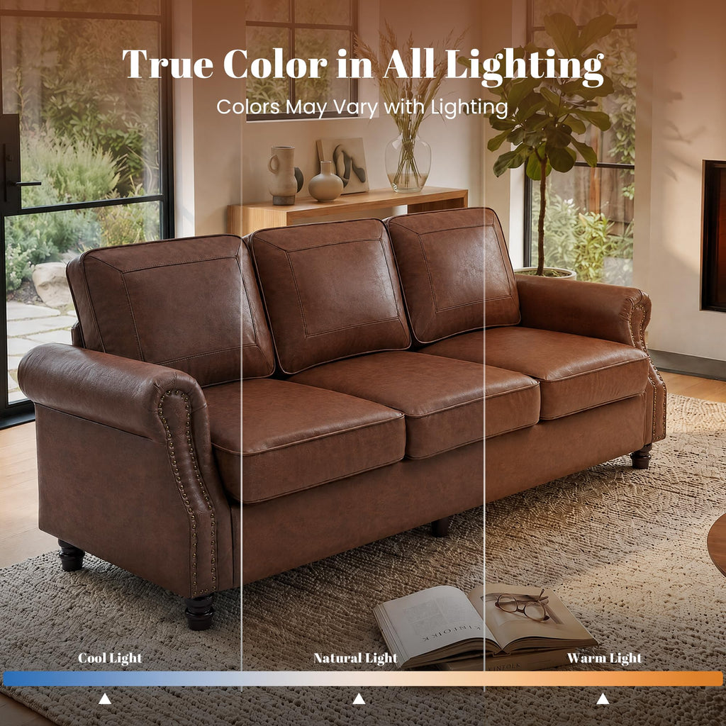 Faux Leather 3 Seater Sofa with Rolled Arms, Rust