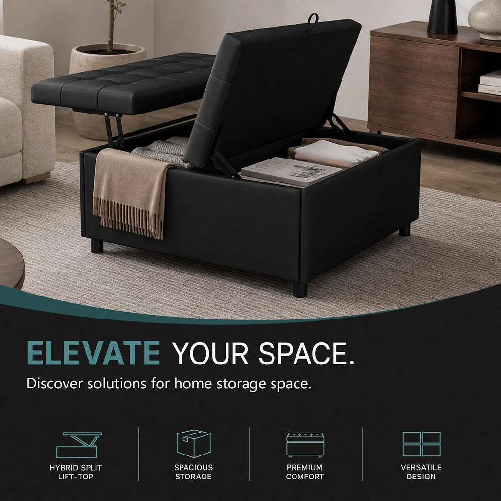 36 Inch Extra Large Black Leather Lift Top Living Room Storage Ottoman | Tufted Upholstered Shoe Storage Entry Bench