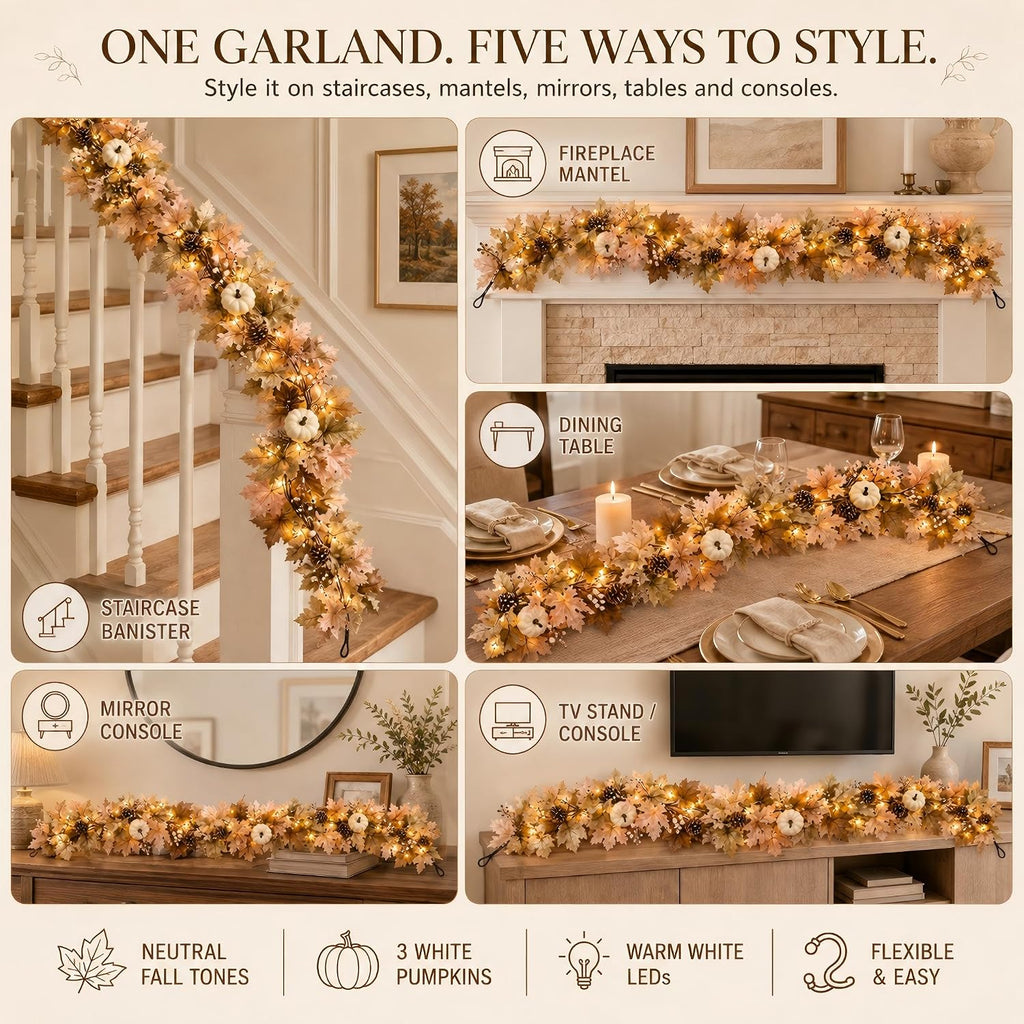 Fall Decor Garland with Lights, 6Ft, 30 Warm LED, White Pumpkins