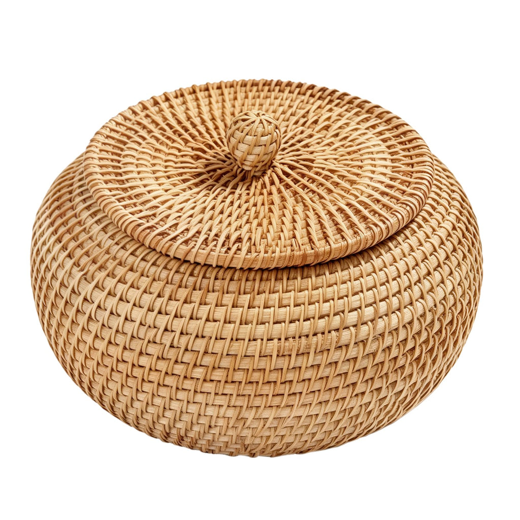 Handwoven Rattan Basket Round Wicker Storage Box with Lid
