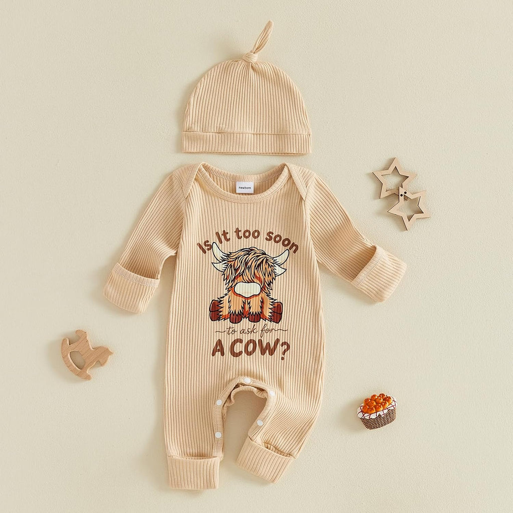 Newborn Highland Cow Romper Hat Set Ribbed Long Sleeve Baby Outfit