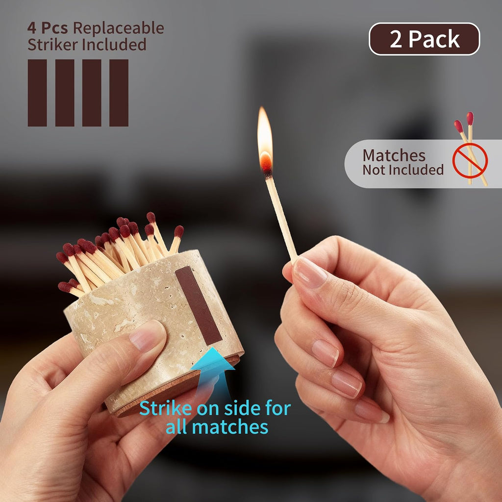 Travertine Match Holder with Striker, 2.6" x 2" Matches in a jar - Set of 2