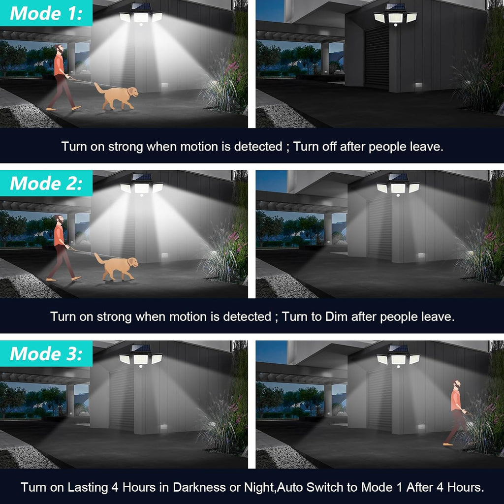 Solar Outdoor Lights 2500LM 210 LED Security Lights with Remote Control,3 Heads Motion Sensor Lights, IP65
