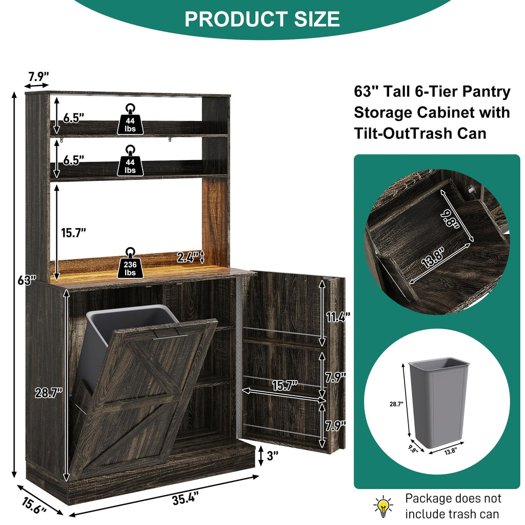 63" H Pantry Cabinets with 10 Gallon Trash Can, Led Light, Outlet, 35" W Kitchen Hutch with Tilt Out Trash Can