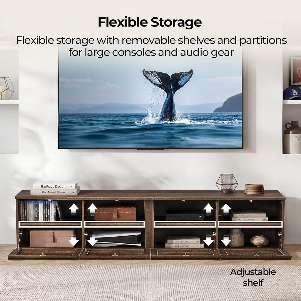 70" Modern TV Stands with LED Light for TVs Up to 75 inches, Low Profile Entertainment Center with 4 Flip-Down Door &