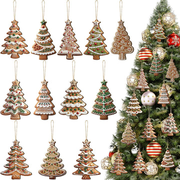 Christmas Gingerbread Tree Ornaments Set Wooden Christmas Hanging Decoration Green Xmas Tree Crafts Indoor - Set of 36