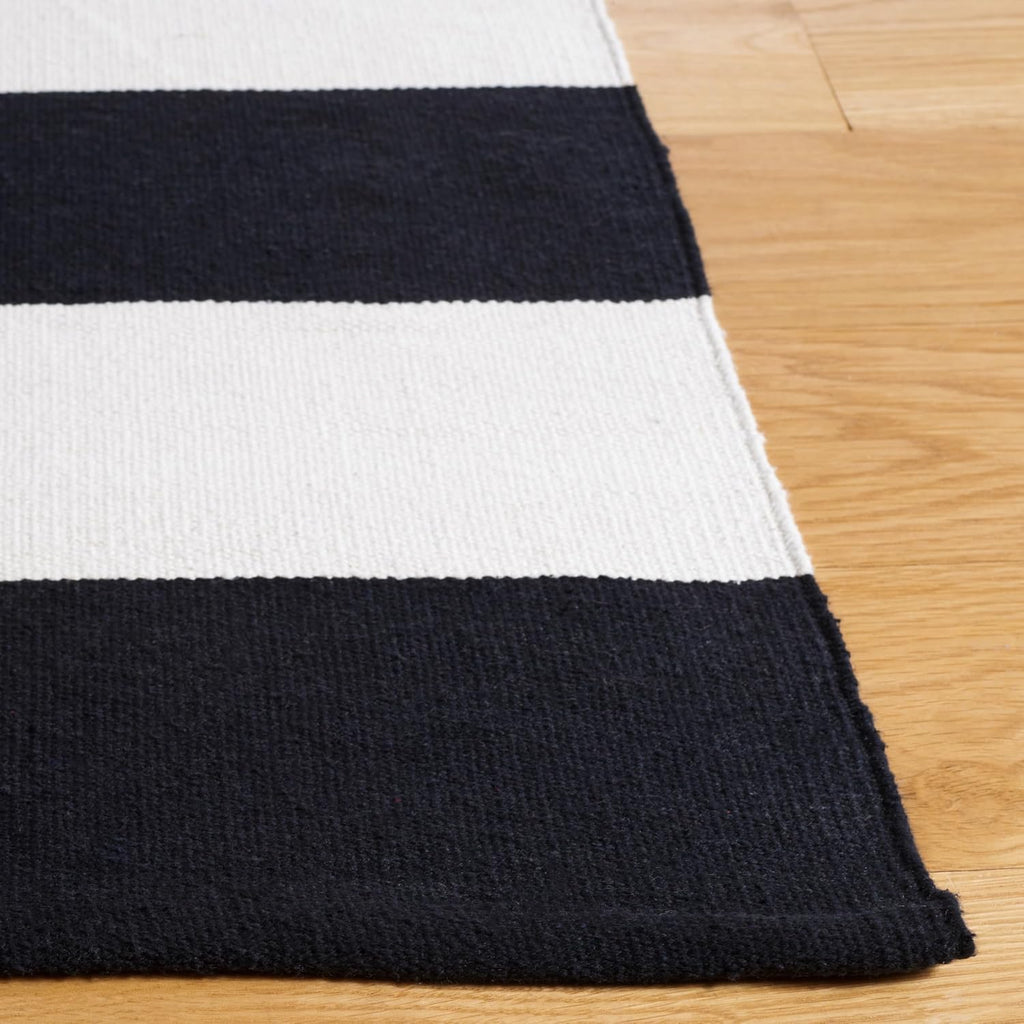 Montauk Collection Area Rug - 8' Square, Black & Ivory, Handmade Flatweave Cotton, Woven Texture, Farmhouse Stripe