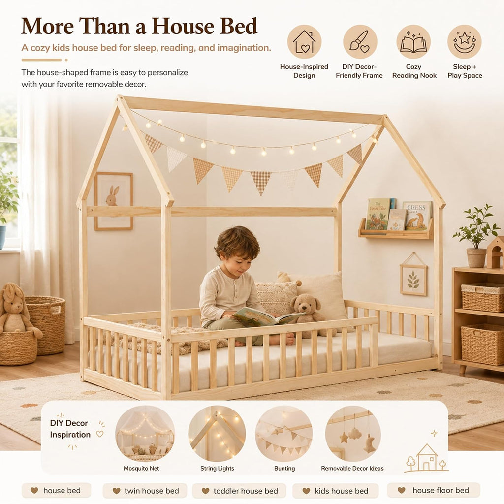 Tw Floor Bed with Roof and Guardrails, No Box Spring, Natural | Pine wood kids floor bed with low design, guardrails