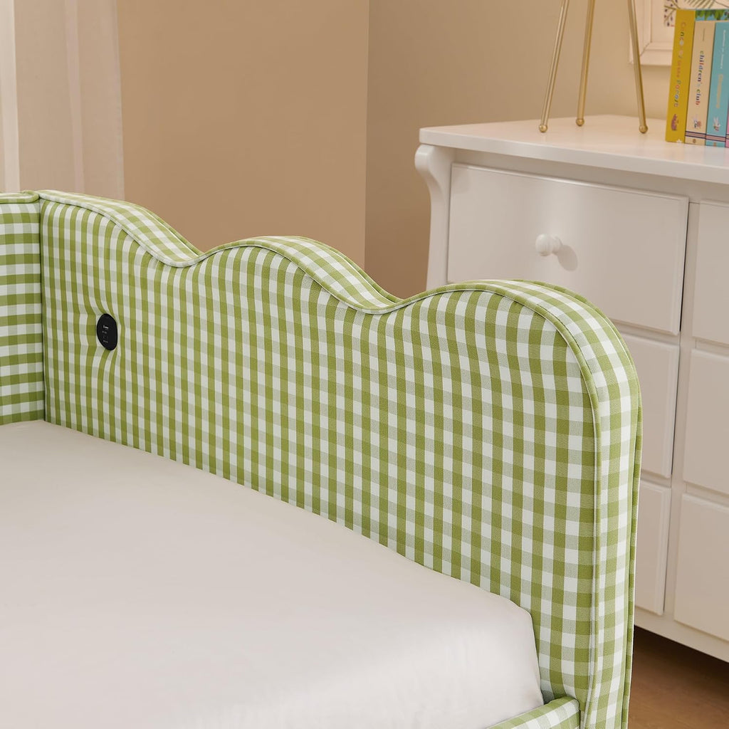 Twin Size Upholstery Daybed with Trundle and USB, Twin to King Design Adorable Wave Shaped Extendable Linen Sofa Bed