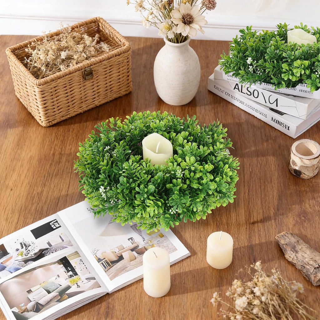 Small Boxwood Wreath for Front Door,10" Boxwood Candle Wreath,Greenery Wreaths for Cabinet Wall Window Door - Set of 2