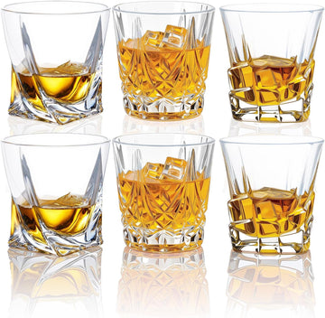 Crystal Whiskey Glasses Set of 6-10oz Old Fashioned Rocks Glasses with 3 Unique Designs - Heavy Base Tumblers for